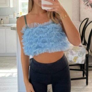 Blue Ruffled Mesh Cropped Tube Top